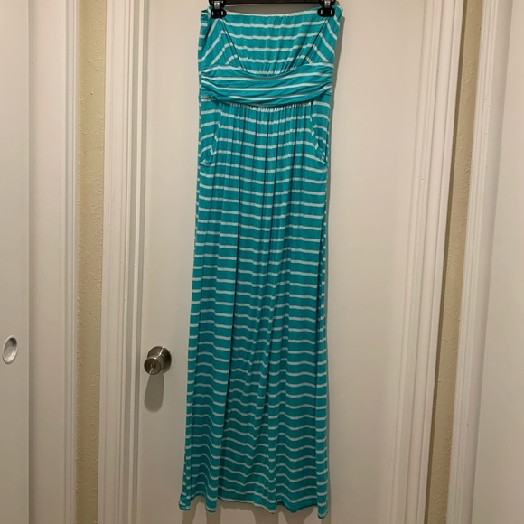 Windsor Aqua & White Stripe Strapless Maxi Dress - Picture 1 of 4